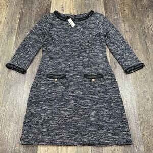 Talbots Petite‎ Tweed Knit Shift A-Line Dress Blue Gold Buttons 3/4 Sleeve Sz 4P